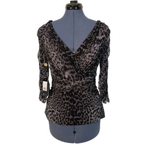 NWT Tadashi Shoji Gray Leopard Mesh Ruched Top Cocktail Y2K Holiday Luxury M